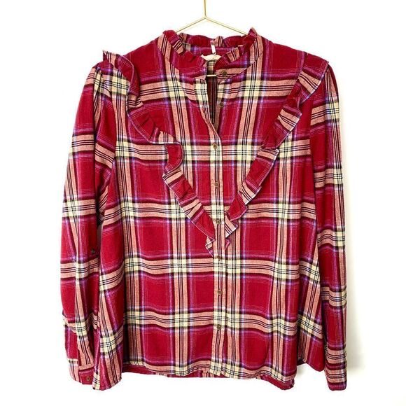Entro Maroon Plaid Ruffle Detail Button Down - Picture 2 of 8